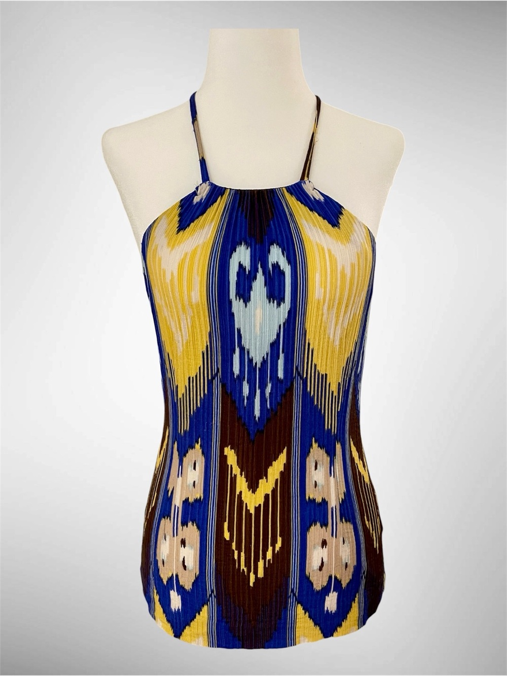 Tori Burch SILK Halter Top | Blue, Yellow & Brown Ikat Print | Size 6